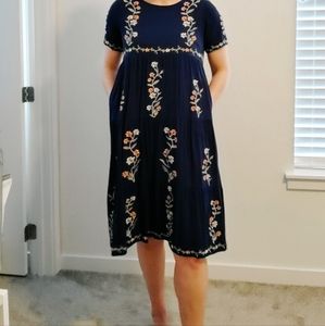 Navy Midi Embroidered Swing Dress